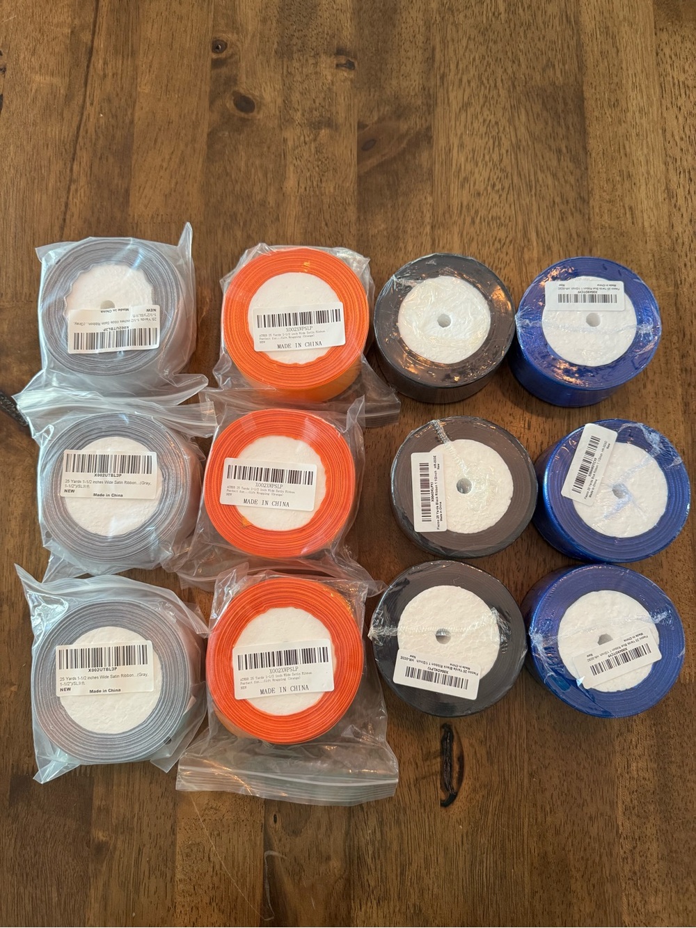 Satin Style Ribbon Lot - 12 Rolls, 25 Yards, 1.5” - Orange, Blue, Gray, Black